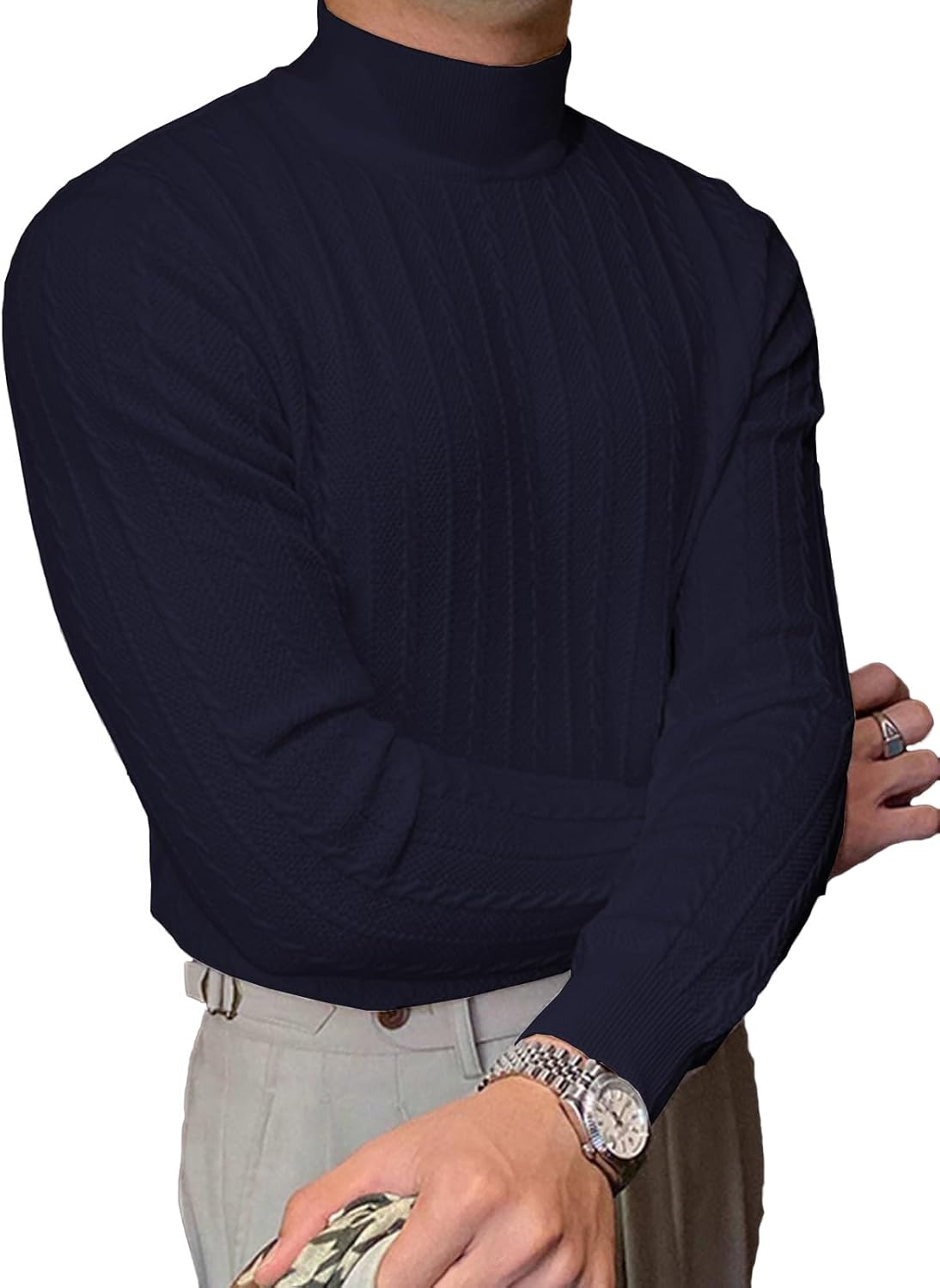 Men's Mockneck Sweaters Long Sleeve Slim Fit Casual Pullover Cable Knit Turtleneck Jumpers Sweaters - Image 4