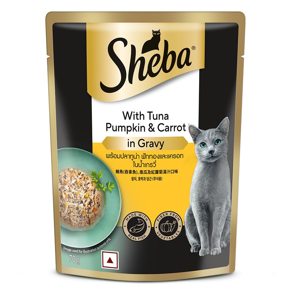 Sheba Fine Premium Adult (1+ Years) Wet Cat Food, Tuna Pumpkin & Carrot in Gravy, 70 g Pouch, High-moisture gravy cat food for healthy hydration