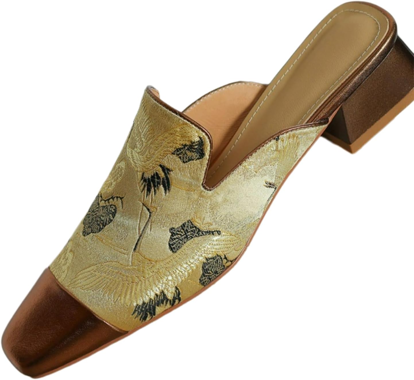 Retro Elegant Crane Embroidery Slippers for Women Satin & Ultra-Suede Upper Anti-SlipRubber Soles Indoor Outdoor Slippers