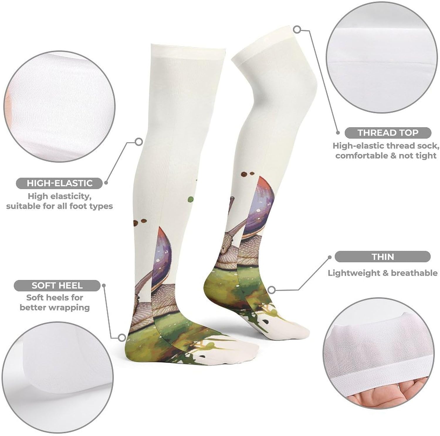 Lovely Snail Knee High Stockings for Women 23.6" Breathable Thigh High Stockings Over The Knee Socks