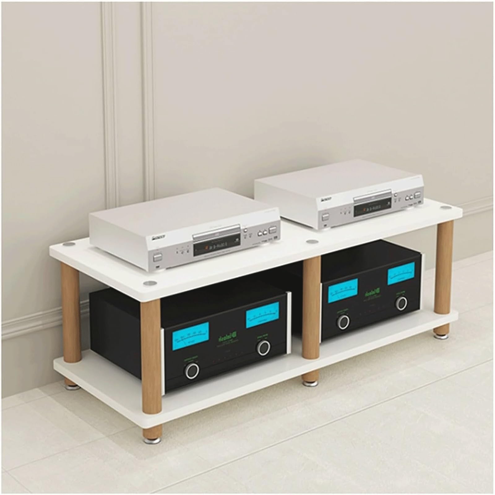 Soporte HiFi de madera de 2 niveles y doble ancho para reproductores de sonido
