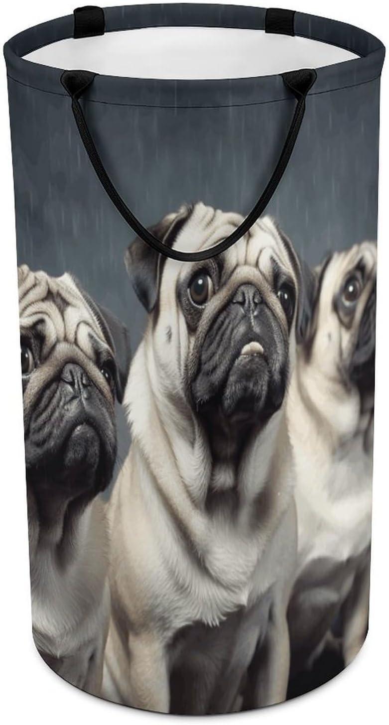 Funny Pug Dog Laundry Hamper with Handles Waterproof Collapsible Laundry Basket Large Lightweight Round Dirty Clothes Hamper for Home Dorm Bathroom Decor