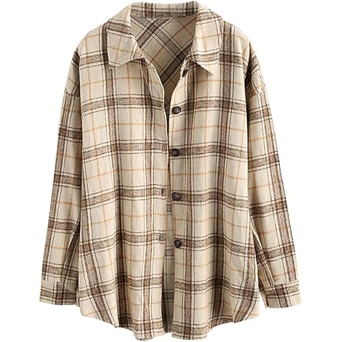 ZAFUL Women's Plaid Long Sleeve Shirt Button Down Wool Blend Thin Jacket Casual Blouse Tops with Pocket