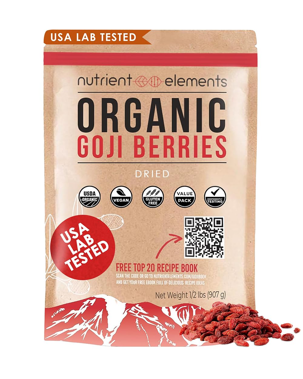 Nutrient Elements Goji Berries – 2 lb/32 oz – USDA Organic, Raw, Sun-Dried, Hand-Picked – Extra Large Dried Berries – Resealable Bag – Naturally Grown, No Additives