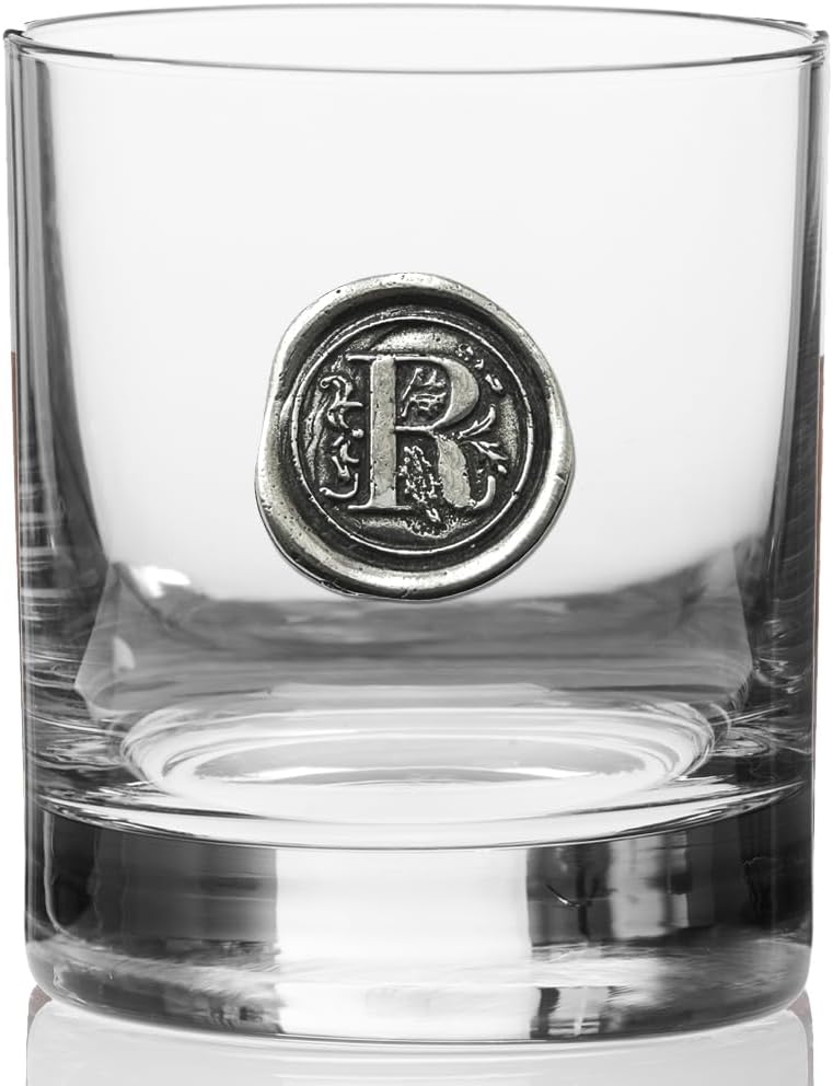 English Pewter Company 11oz Old Fashioned Whiskey Rocks Glass With Monogram Initial - Unique Gifts For Men - Personalized Gifts With Your Choice of Initial (R) MON118