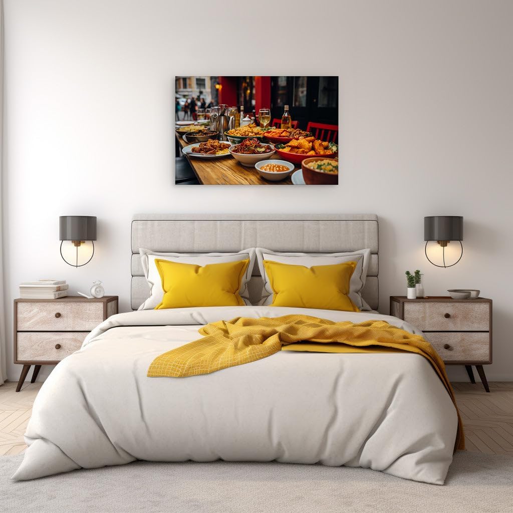 Canvas for Living room. A Feast of Flavors: Indulge in a Chinese Cuisine Extravaganza Against an Urban Backdrop, 27 x 18 inch Canvas Wall Art - Photographic Simplicity - Modern Home Decor