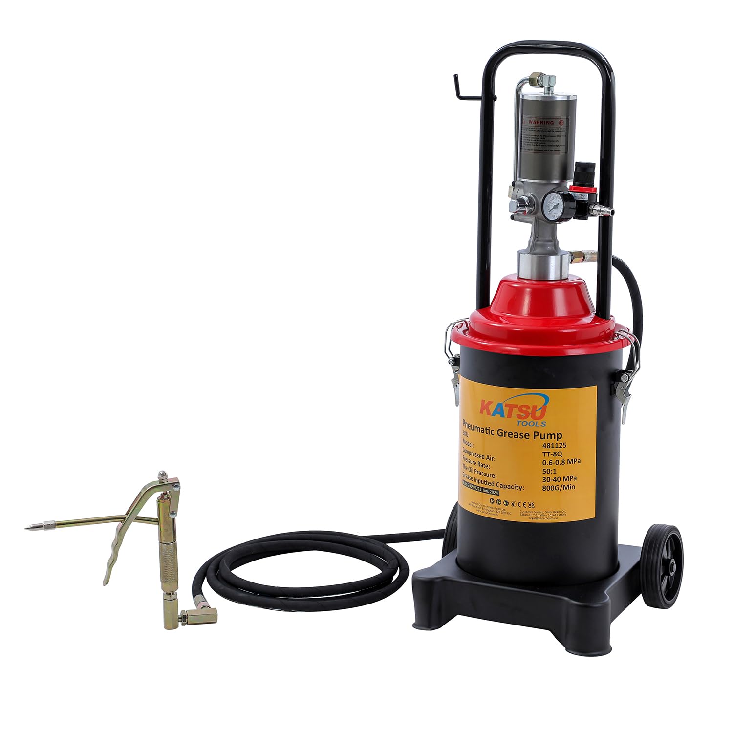 KATSU Tools Bomba de Grasa Neumática 12L Bomba de Engrase con Aire a Presión Dispensador de Pistola de Grasa de Aire Portátil con 12ft Manguera, 450 Bar, para Maquinaria de Automóviles y Camiones