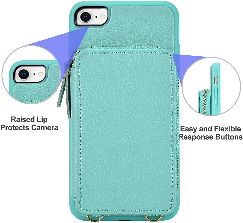 LAMEEKU iPhone Se 2020 Case, iPhone 8 Wallet Case, iPhone 8 Zipper Leather Card Holder Case with Card Slot Wrist Strap Crossbody Chain, Protective Cover for iPhone Se (2nd) / 7/8 4.7'' - Tiffany Blue