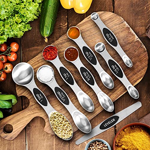 Measuring Cups Set And Magnetic Measuring Spoons Set,Qtoikce 18/8 Stainless Steel 7 Measure Cups And 7 Magnetic Measure Spoons,1 Leveler & 1 Conversion Chart For Dry And Liquid Ingredient #TOP4