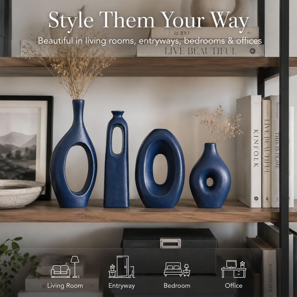 Blaue Keramikvase, 4er-Set – runde, Hohle Boho-Vasen für Pampasgras- und Blumendekoration, Moderne, minimalistische kleine Vasen für Wohnzimmer, Schlafzimmer, Kamin und Tafelaufsätze