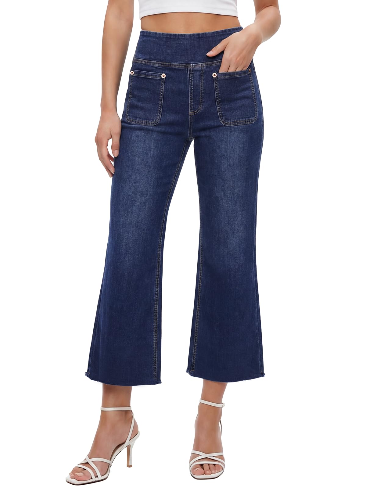 Vaqueros Mujer, Crop Pantalones Jeans Mujer Elásticos Acampanado y Cintura Alta Tejanos Holgados de Pierna Ancha