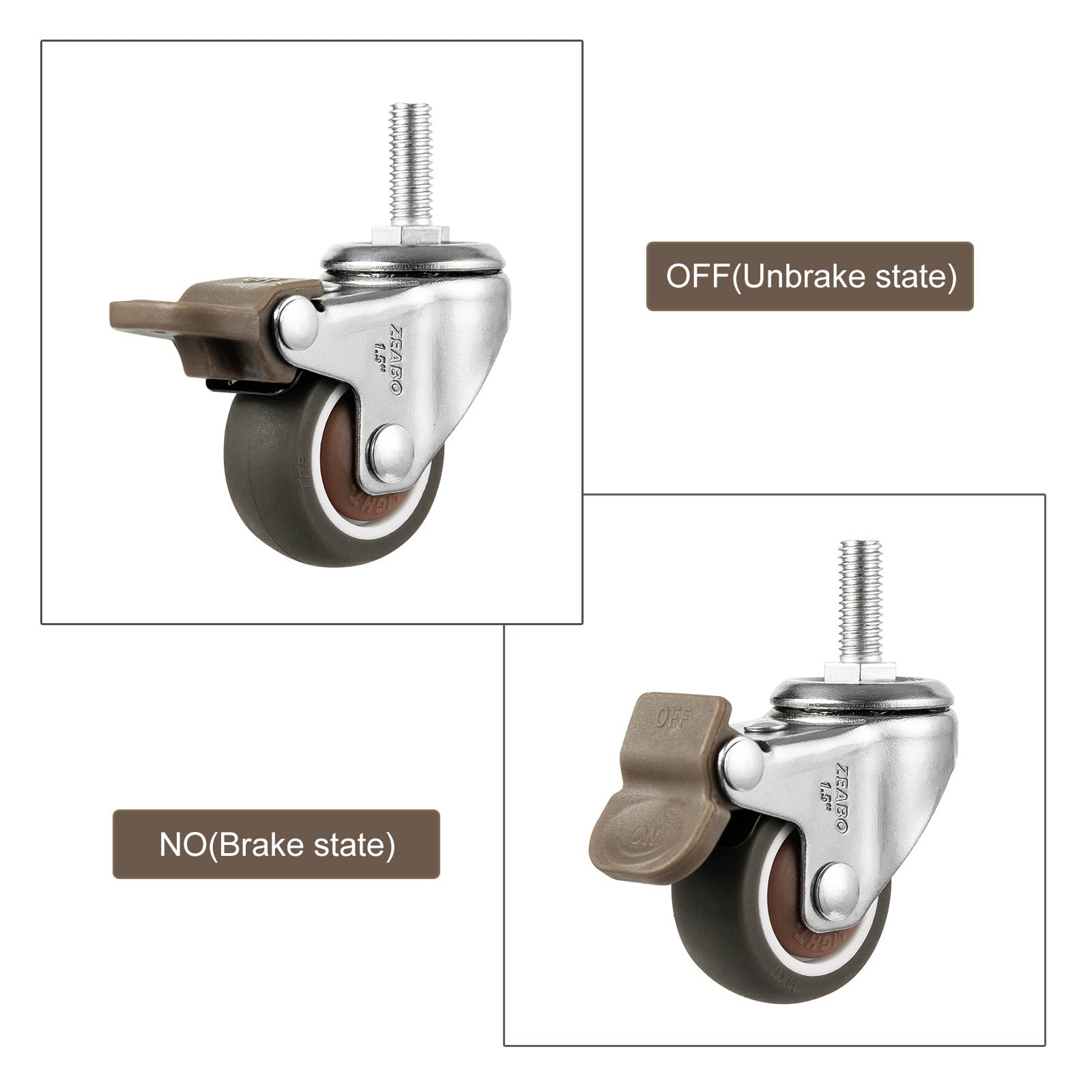 4 Ruote girevoli per impieghi gravosi da 25 mm/38 mm/50 mm, Ruote girevoli con Freno/Senza Freno, Piccole Ruote girevoli silenziose in Gomma TPE, Ruote girevoli di Ricambio per mobili, 2 Sen