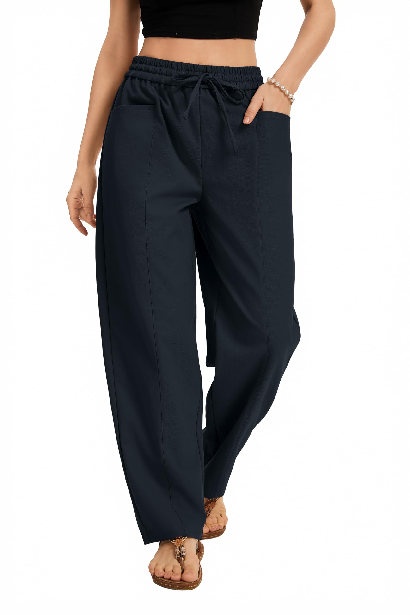 Womens Baggy Cropepd Pants Casual Elastic Drawstring Waisted Harem Pants with Pockets