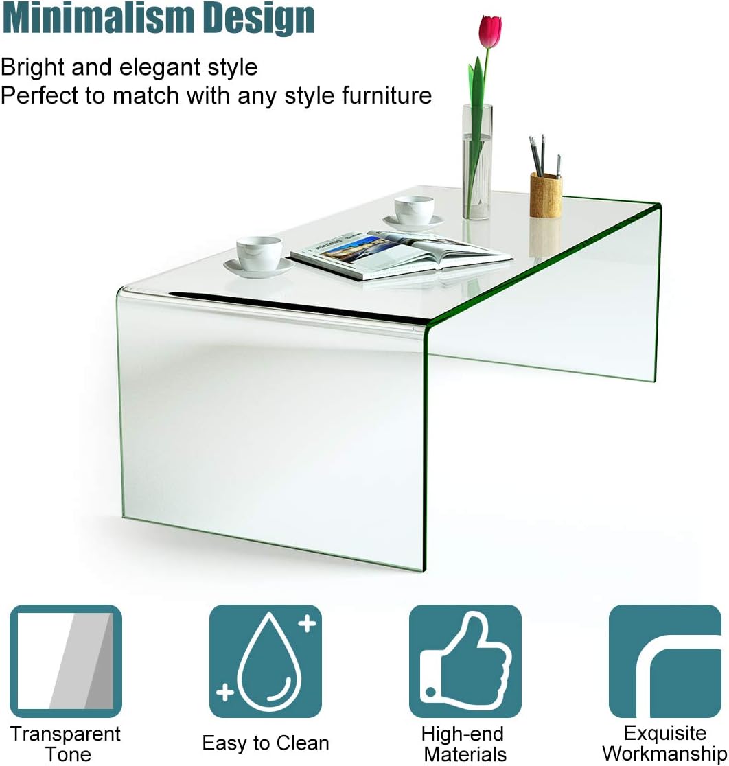Tangkula Glass Coffee Table, 42.5" L × 20" W ×14" H, Acrylic Coffee Table, Clear Tempered Glass Coffee Table, International Occasion Tea Table, Waterfall Table with Rounded Edges (Clear Glass) : Home & Kitchen