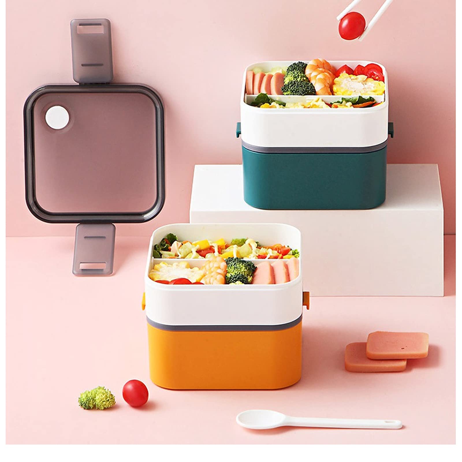 Brotdose, Bento-Boxen, einfache Lunchboxen, mikrowellengeeignet, separate tragbare Tischboxen(Green,500ml 800ml)