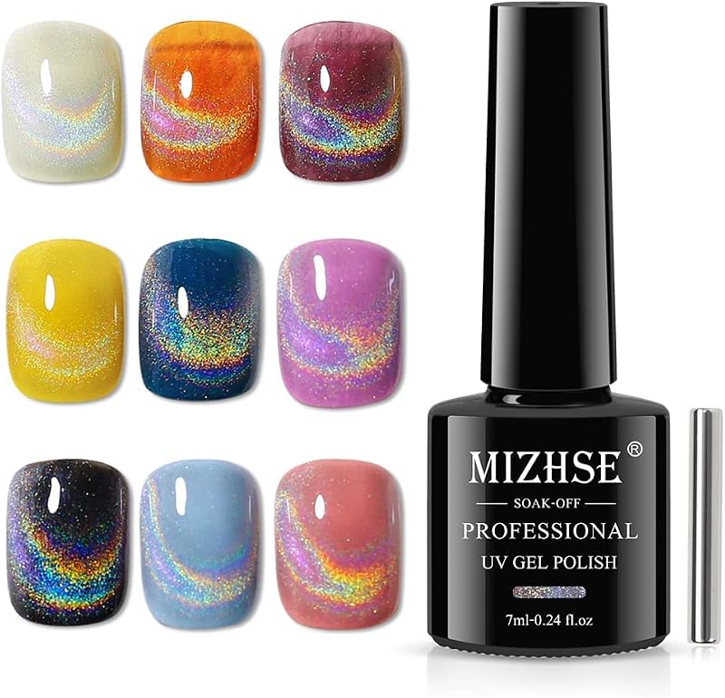 MIZHSE Universal Rainbow Cat Eye Gel Nail Polish, Holographic 9D Cat Eye Magnetic Gel Polish with Magnet Stick, Shiny Glitter Chrome Gel Polish Soak Off Gel Nail Art Salon Manicure DIY at Home