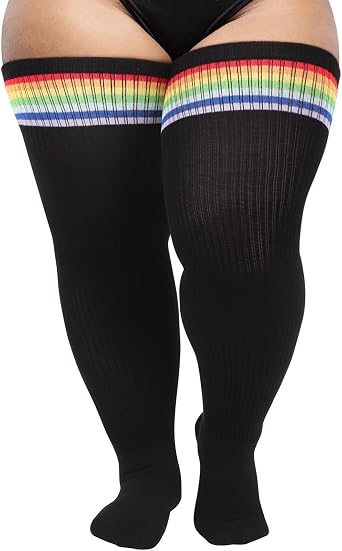 AQOKKA Plus Size Thigh High Socks for Women Cotton Boot Femboy Thigh High Stockings Striped Over Knee High Socks Leg Warmers