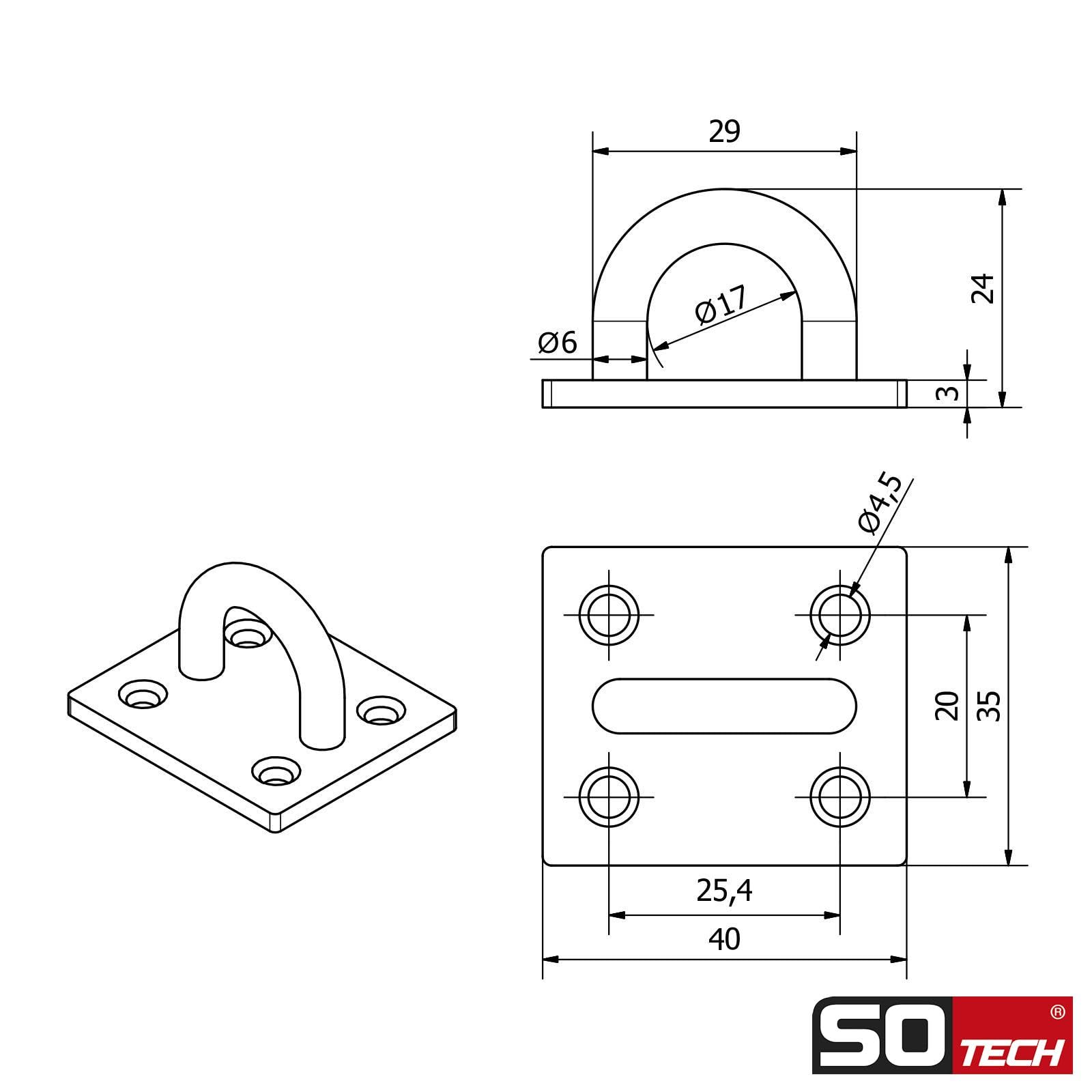 SOTECH Set di 2 occhielli di fissaggio, 40 x 35 mm, piastra di ancoraggio in acciaio inox V2A SS304, occhielli per tenda da sole, sacco di sabbia, cavo e molto altro ancora.