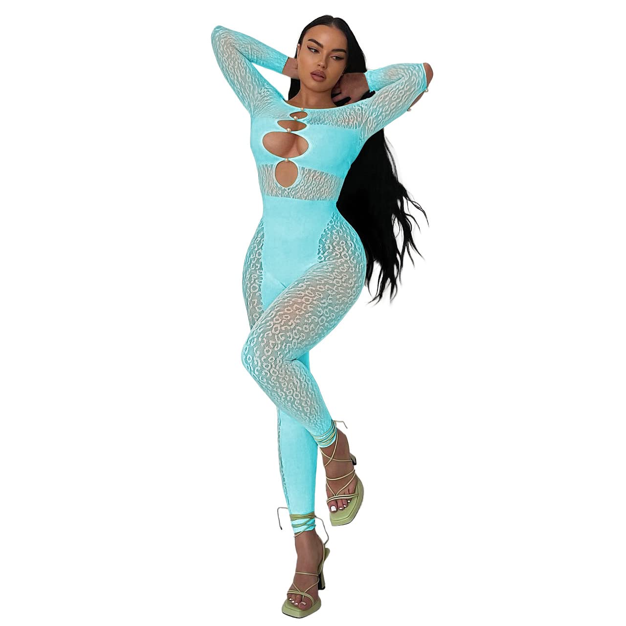Generic(Pk1235) Women's See-Through Leopard Mesh Hollowout Long Sleeve Sexy Off Shoulder Jumpsuit Size Uk 12