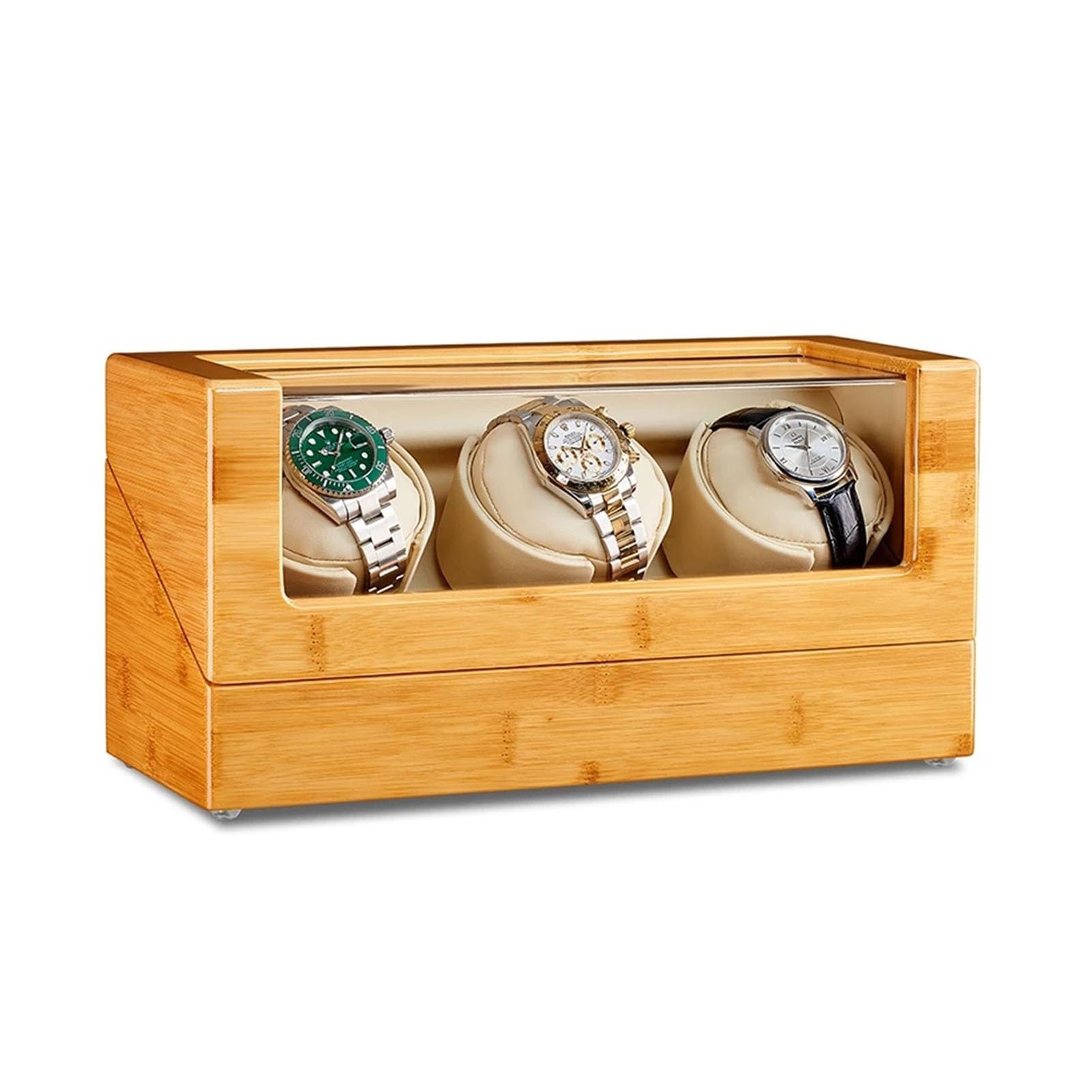 MYUYEE Bamboo Wood Watch Winder For 1/2/3 Automatic Watches With Quiet Japanese Motor Flexible Watch Pillows Watches Display Box Fit Lady And Man Watches (3+0)