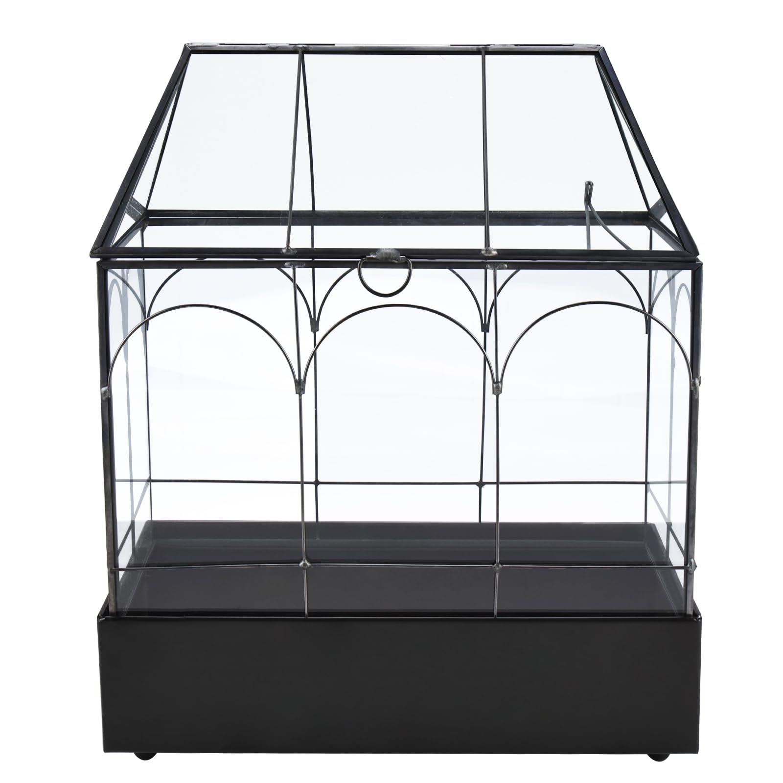 Homtone Maceta de terrario geométrica de 24 cm con bandeja, forma de casa, caja de cristal negra hecha a mano, maceta vintage en miniatura para suculentas, cactus, plantas de aire, negro