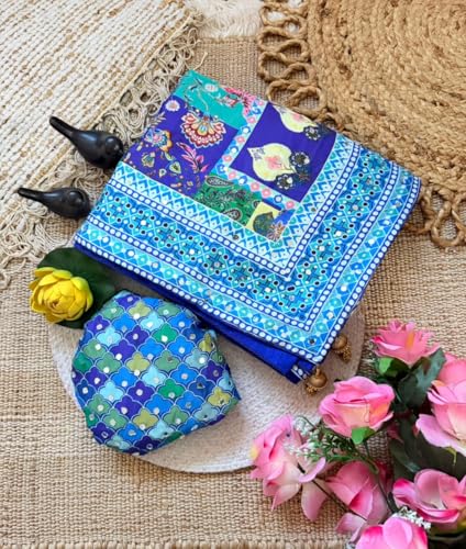 Image of Soft Pure Marshmellow Shiny Chinnon Silk Fabric Along With Designer Ajarakh Print Along With Real Mirror Work Along With Fancy Printed Blouse With Piping And Heavy Latkans