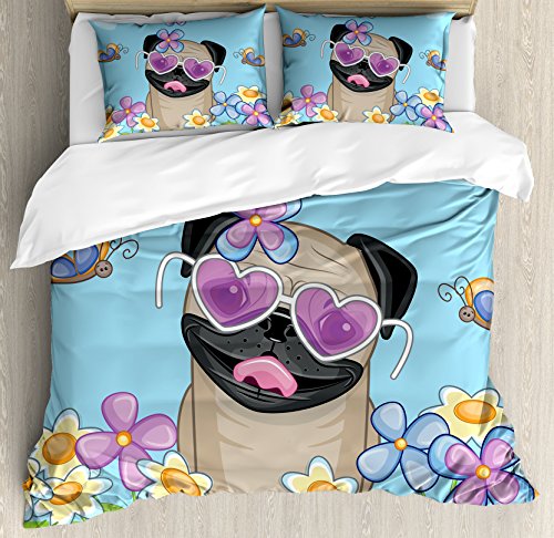 Ambesonne Pug Duvet Cover Set, Puppy on The Field Flowers Butterflies Heart Shaped Clouds Open Sky, Decorative 2 Piece Bedding Set with 1 Pillow Sham, Twin Size, Sky Blue