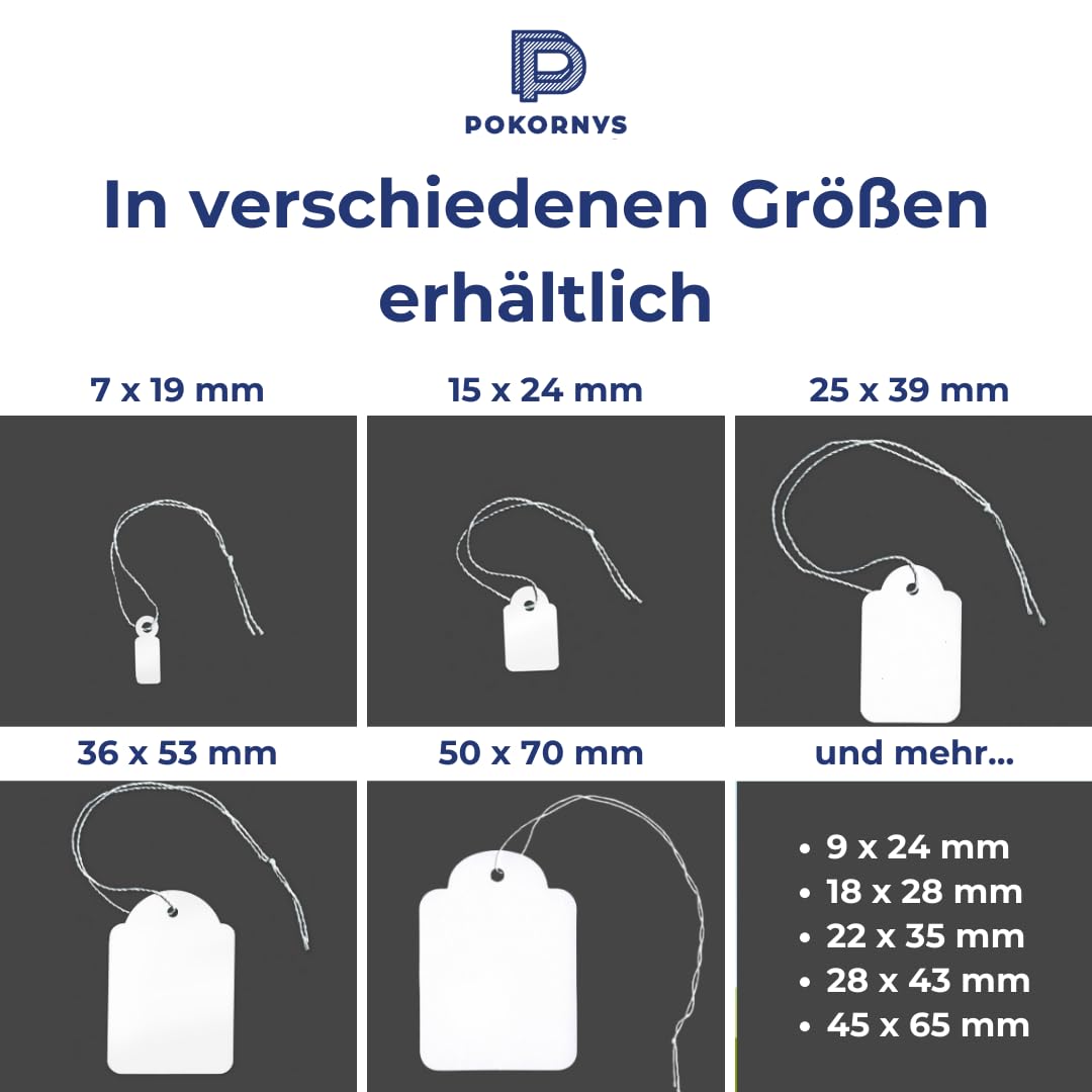 POKORNYS - 1.000 blanko Preisetiketten mit Faden (50 x 70 mm) weiß I Etiketten zum Beschriften I Preisschilder aus Karton mit Baumwollfaden I Anhänger, Hängeetikett, Geschenkanhänger für Kleidung uvm.
