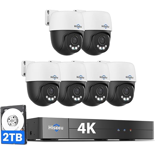 [4K+360° View] Hiseeu 4K PoE Security Camera System, 6Pcs 8MP PoE PTZ Wired Camera Outdoor, Human Vehicle Detect, 2-Way Audio, Color Night Vision, 16CH Expandable, 2TB HDD for 24/7 Home Surveillance