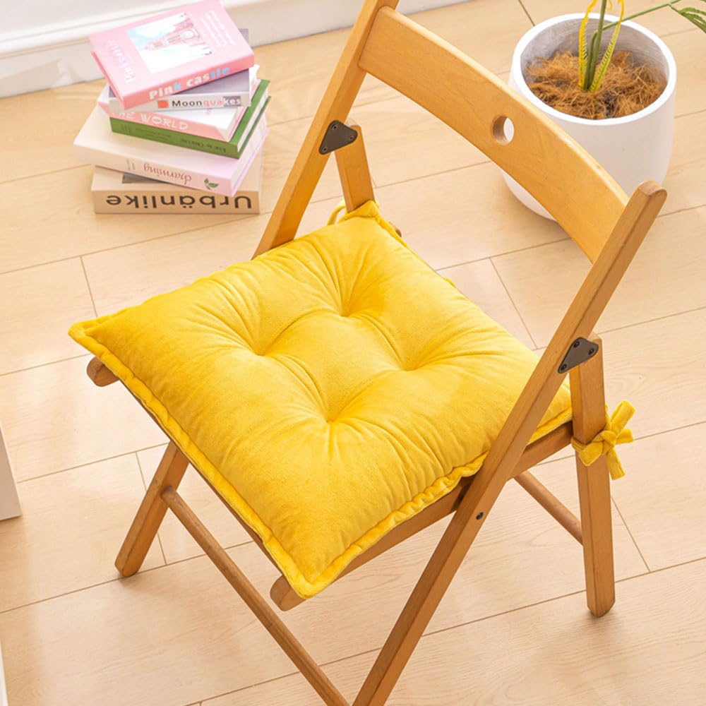 Hixingo Set of 2 Chair Cushions, Seat Cushions with Ties for Dining Kitchen, Plush Garden Chair Cushions Washable Solid Color Seat Pads (40x40cm(Pack of 2),Yellow)