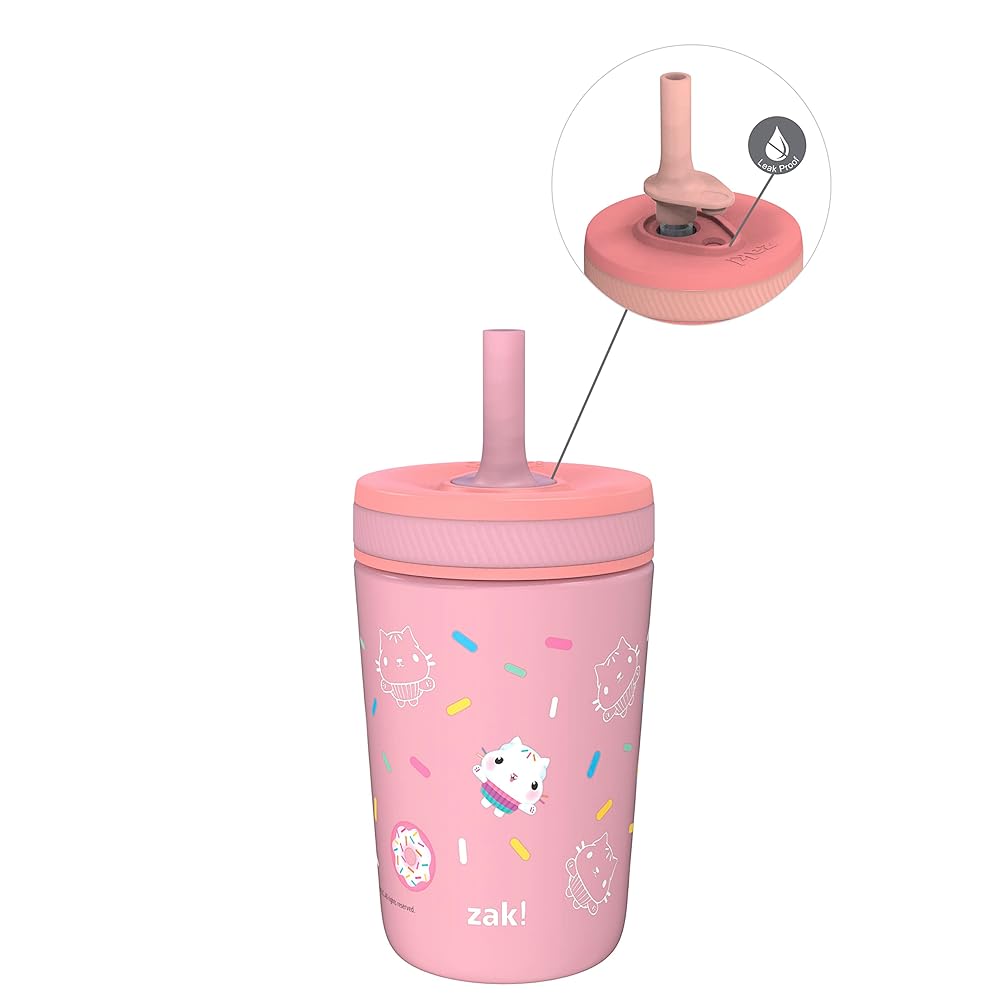 Zak Designs DreamWorks Gabby\'s Dollhouse Kelso Toddler Cups For Travel or At Home, 12oz Vacuum Insulated Stainless Steel Sippy Cup With Leak-Proof Design is Perfect For Kids (Cakey Cat)