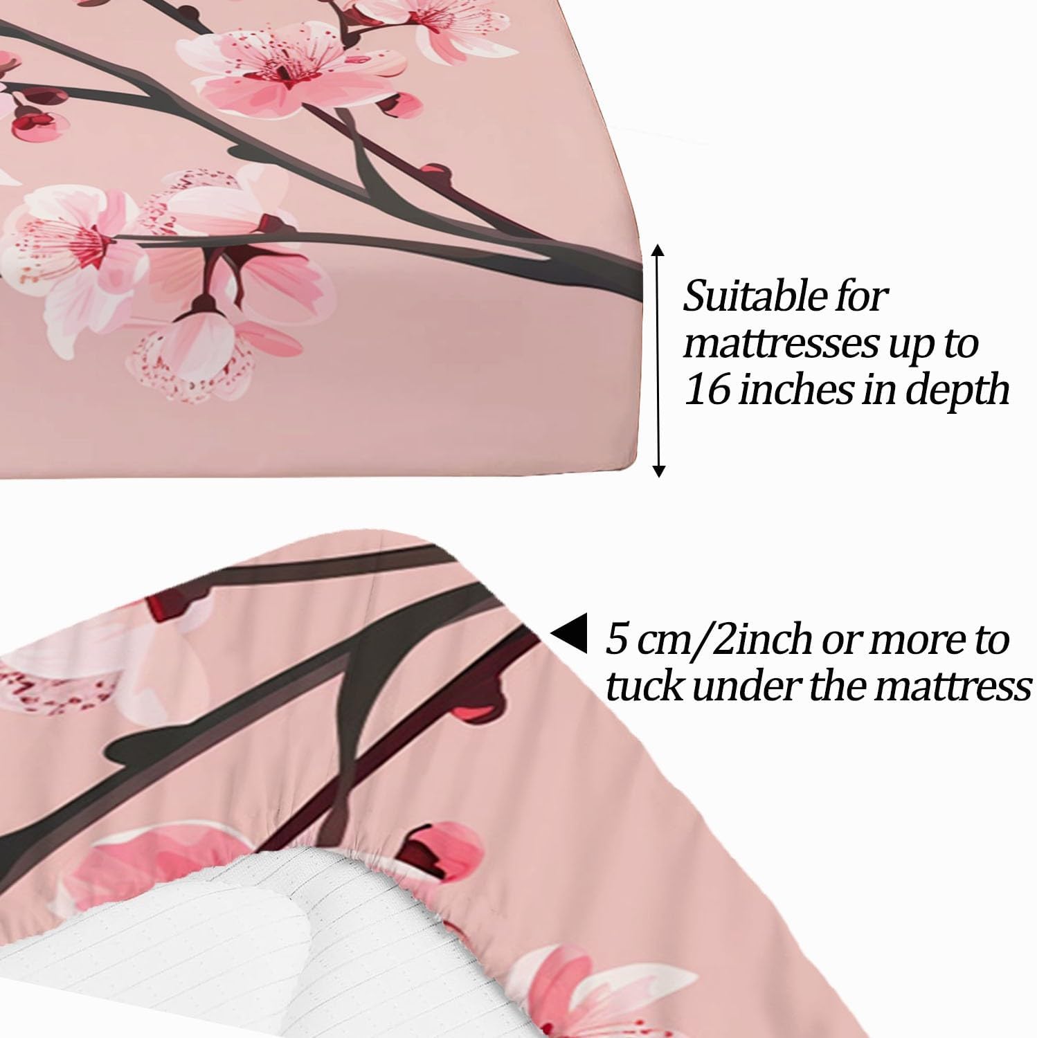 Print Fitted Sheet Set Queen Size for Kids Boys Girls, Pink Bed Sheets Japanese Cherry Blossoms Pattern Fitted Sheet Adults Flat Sheet Soft Luxury, Home Room Decor 4Pcs