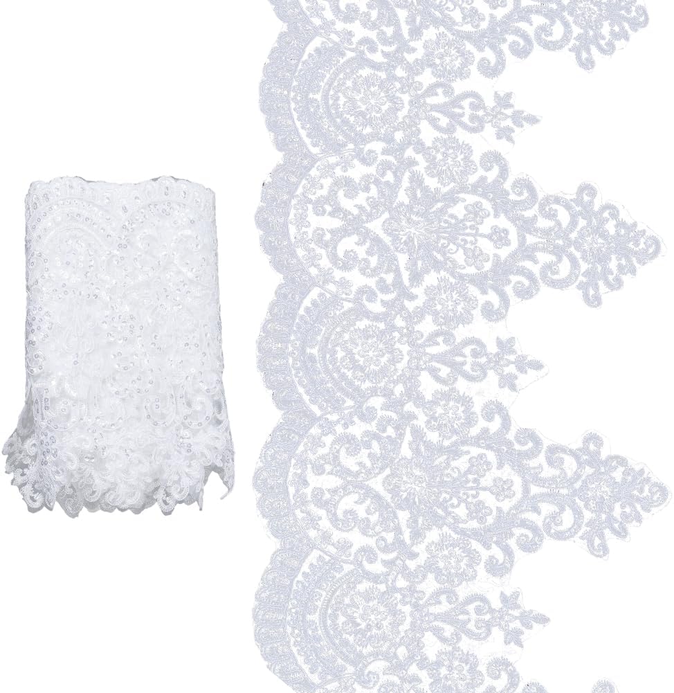 GORGECRAFT 10.6 Inch White Ribbon Metallic Venice Lace Trim Sequin Flower Embroidery Lace Ribbon 3.3 Yards Applique Sewing Floral Crown Edge Trimming for DIY Crafts Clothes Wedding Home Decor