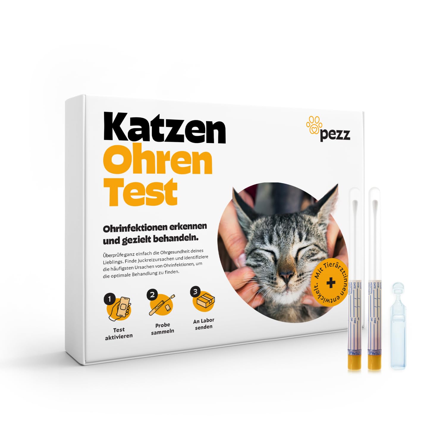 Pezz Ohrentest für Katzen zum Testen auf Ursachen von Ohreninfektionen (Milben, Bakterien & Hefepilz) | Abstrich-Proben von beiden Ohren | Ergebnis als Labor-Befund | gratis Labor-Versand