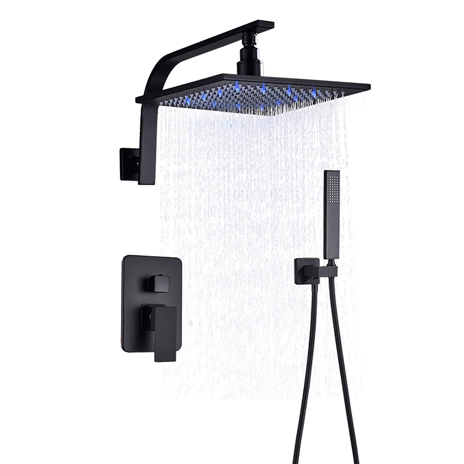 Système de douche encastrable noir avec douchette et tête de pluie LED