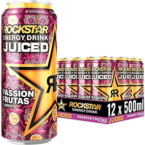 Rockstar Baja Juiced Energy Drink Passion Frutas – Exotisches, koffeinhaltiges Erfrischungsgetränk mit Maracuja Geschmack für den Energie Kick, EINWEG (12x 500ml)