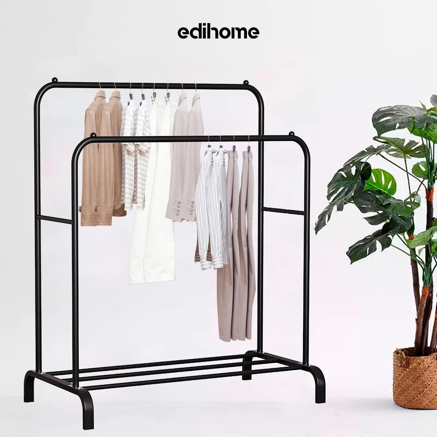 Portant à Vêtements Edihome Double - 110x150x54cm - Métal Noir - Avec Range Chaussures - Capacité 15kg - Pour Chambre