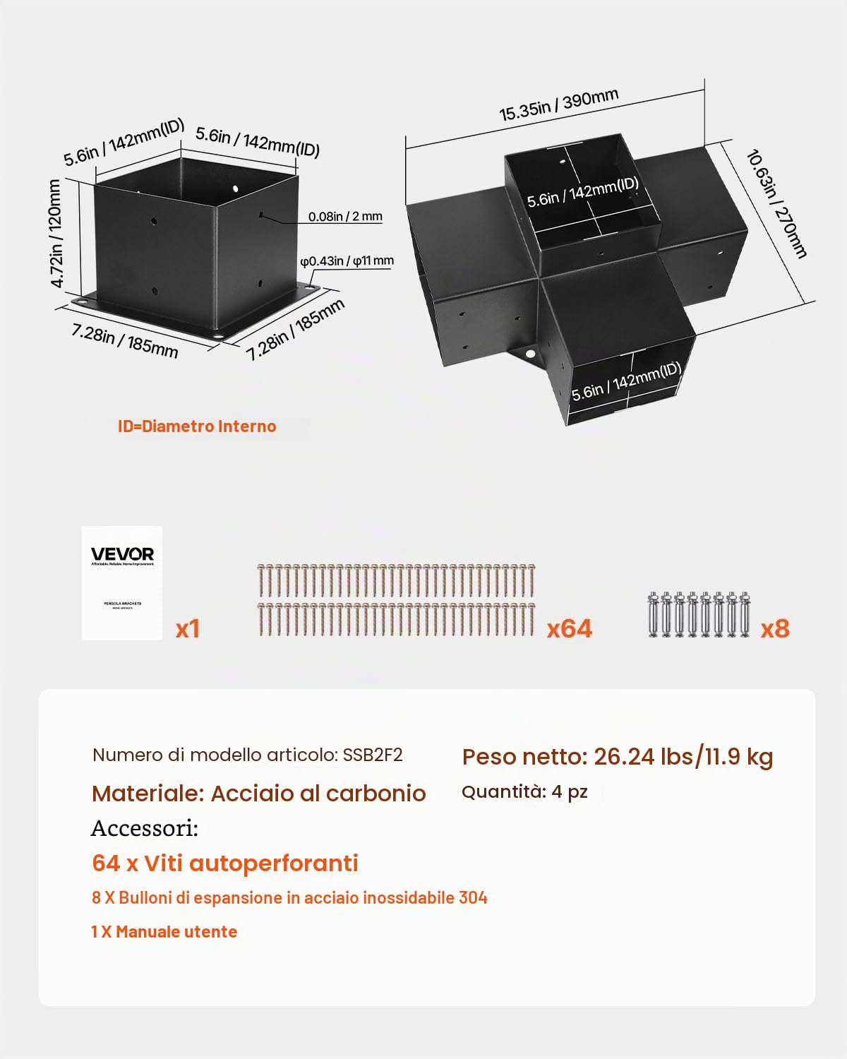 VEVOR Kit Staffe per Pergolato, ca. 152 x 152 mm, Adatto per Interna 14x14 cm, 4 Pezzi a 4 Vie, Kit Base per Pali in Legno, Travi in Legno di Facile Installazione per Gazebo, Pergola da Giardino
