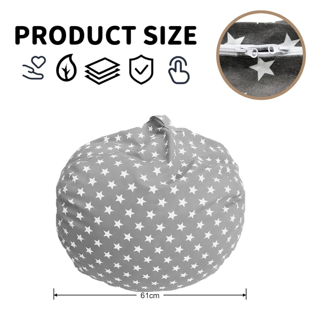 Bolsa Almacenamiento y Puf 2 en 1 | Funda con Cremallera y Asa para Organizar Juguetes, Ropa | Lona Resistente | Estrellas Grisas | 24 Pulgadas (61 cm) | NO Incluye Relleno