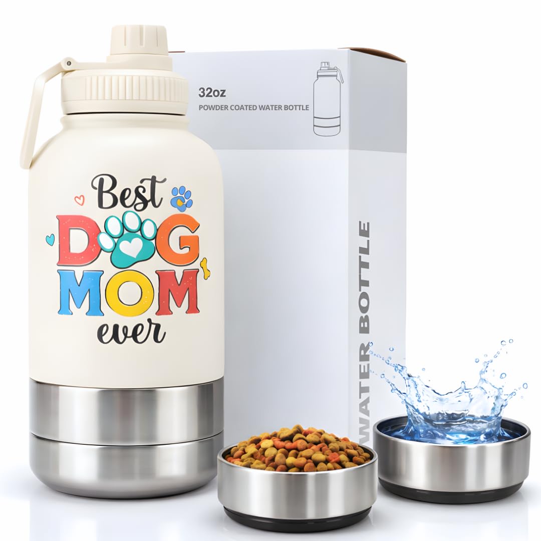 Dog Mom - Borraccia in acciaio inox con ciotole staccabili, per la festa della mamma, per passeggiate ed escursioni