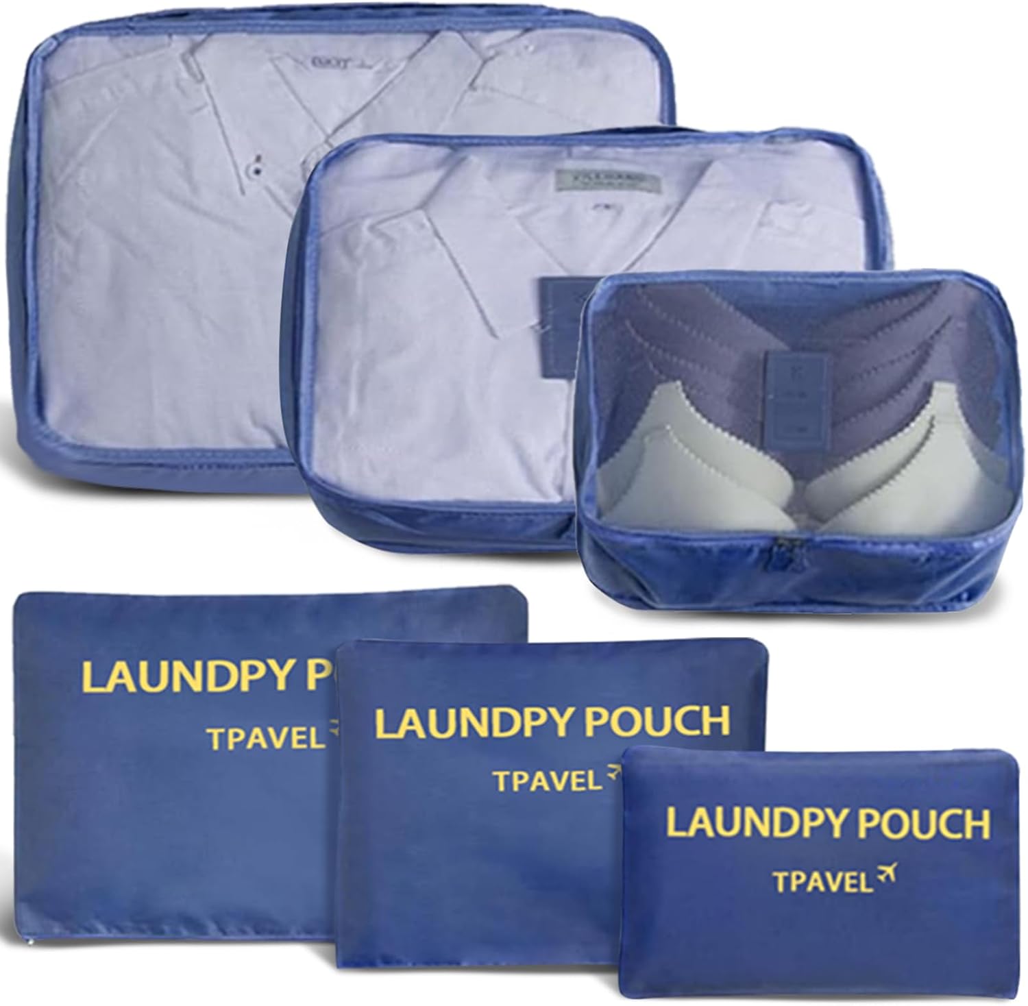 6 Set Packing Cubes for Travel Luggage Packing Bags Reusable Waterproof Suitcase Organizer Bags Set with Shoe Bag and Toiletry Bag (Navy Blue)