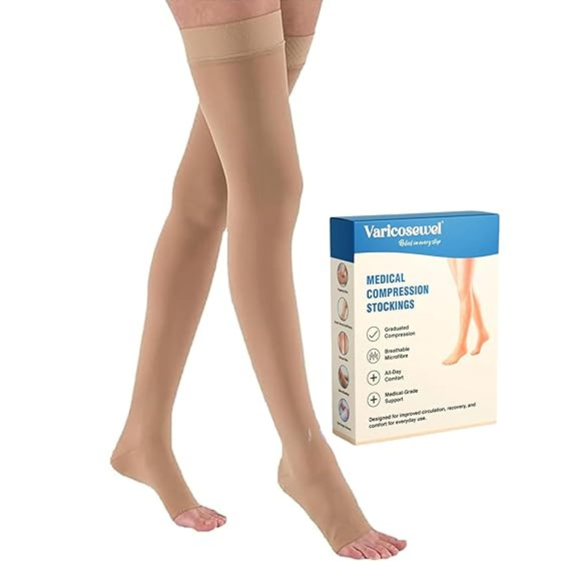 VARICOSEWEL Medical Compression Stockings for Varicose Veins Class 2 23-32 MM HG for Men and Women Mid Thigh Length Open Toe Beige color||varicose veins stockings||variose veins socks||compression socks-picture-41
