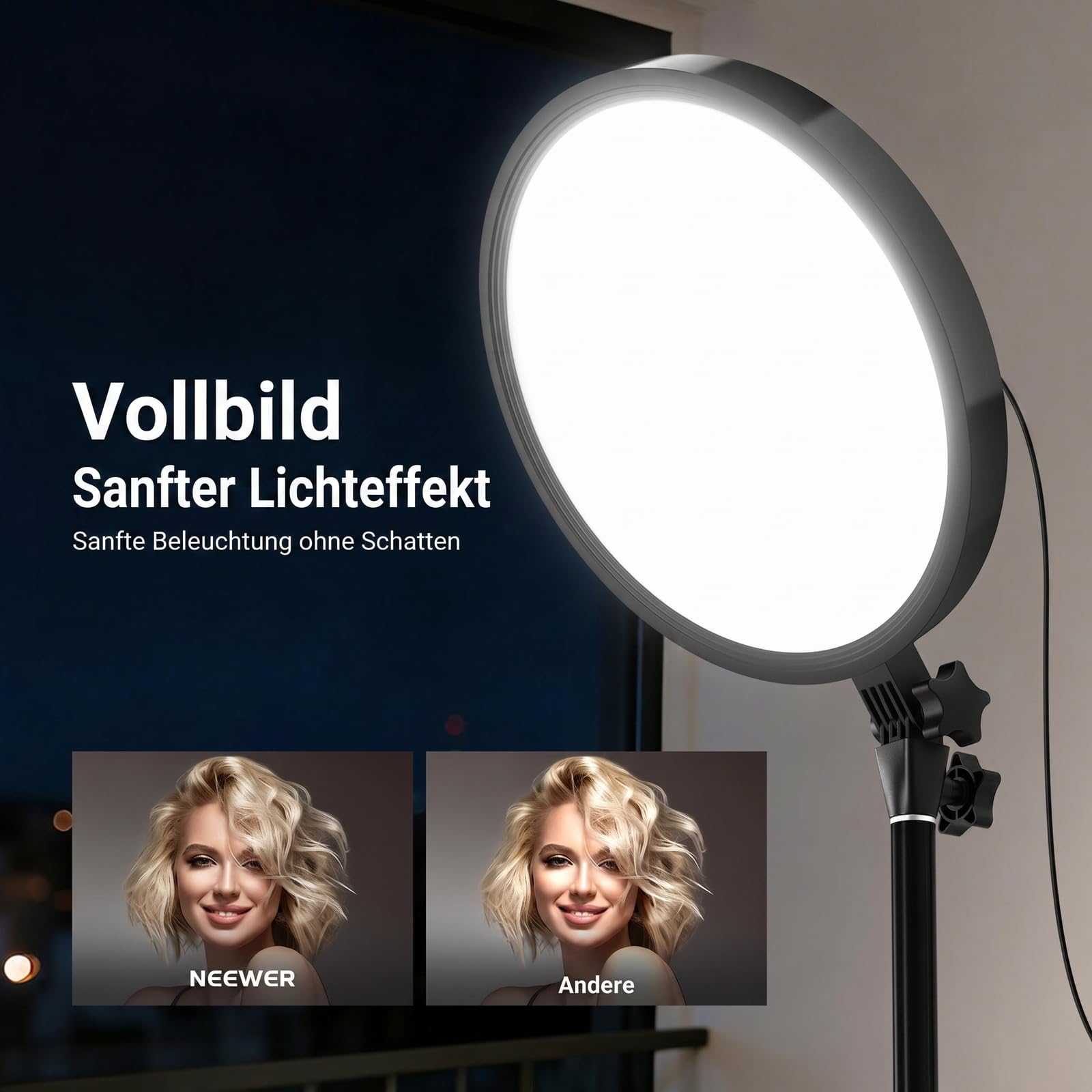 NEEWER BASICS 13" 45W Ringlicht mit 66" Ständer, 3000K-6500K CRI95+ großes Vollbild LED Panel Licht mit Handyhalterung/Fernbedienung für Videoaufnahmen Selfies Streaming Makeup Studiofotografie, BR45B