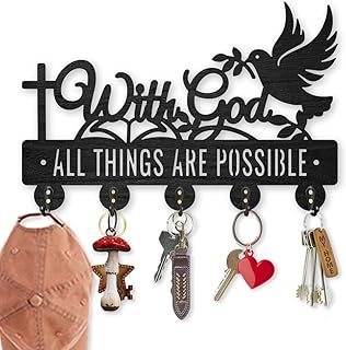 MAYJOYDIY Wood Christian Text Key Hook Inspirational Text Key Holder for Wall 11.8×7.8inch Dove of Peace Cross Black Key Hanger with 5 Alloy Hooks for Entryway Bedroom Home Decor