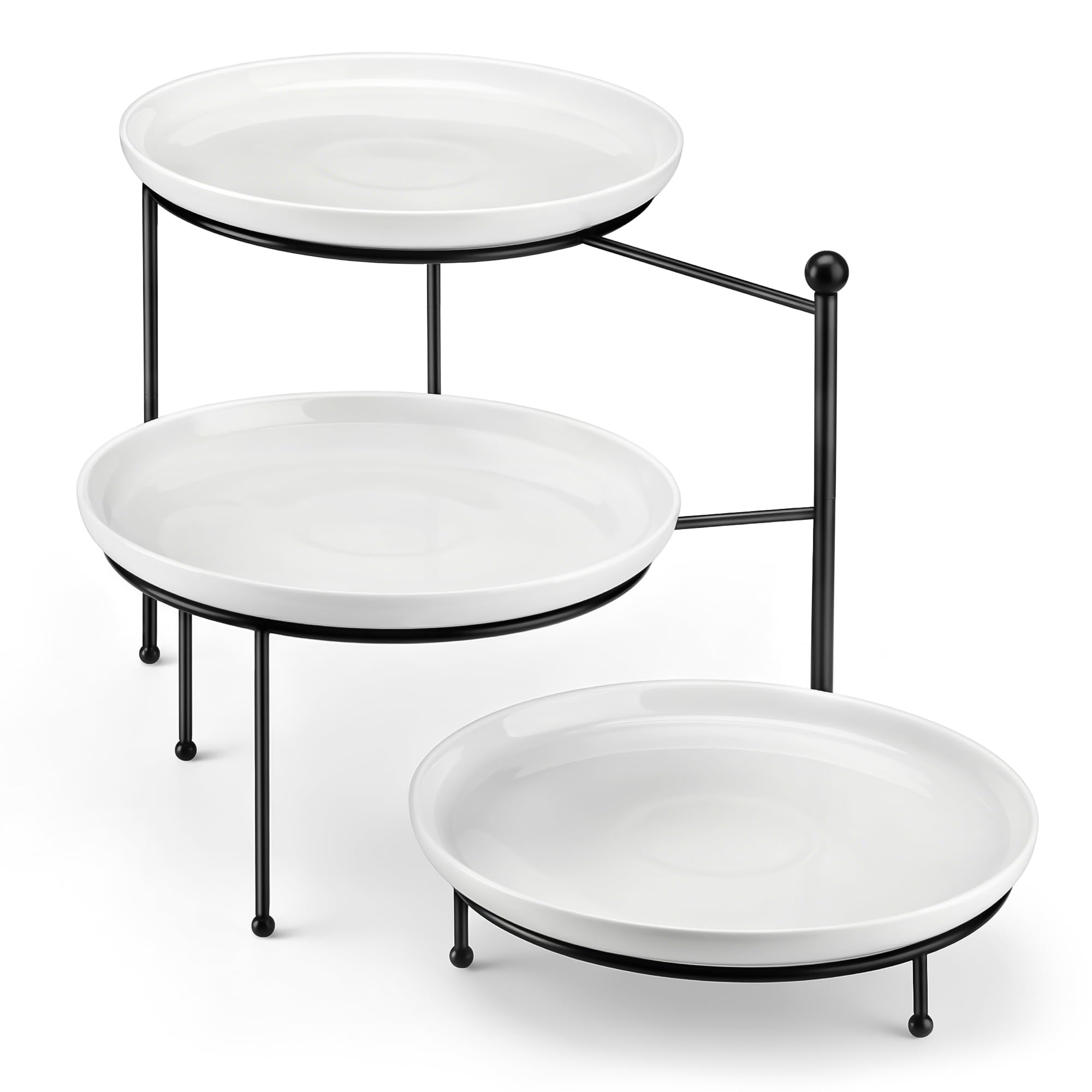MALACASA 3 Tier Serving Tray Stand, 10" Porcelain Tiered Dessert Stand, Cupcake Fruit Display Tower, Space Saving Metal Rack, Ceramic Serving Platters for Party Kitchen Counter