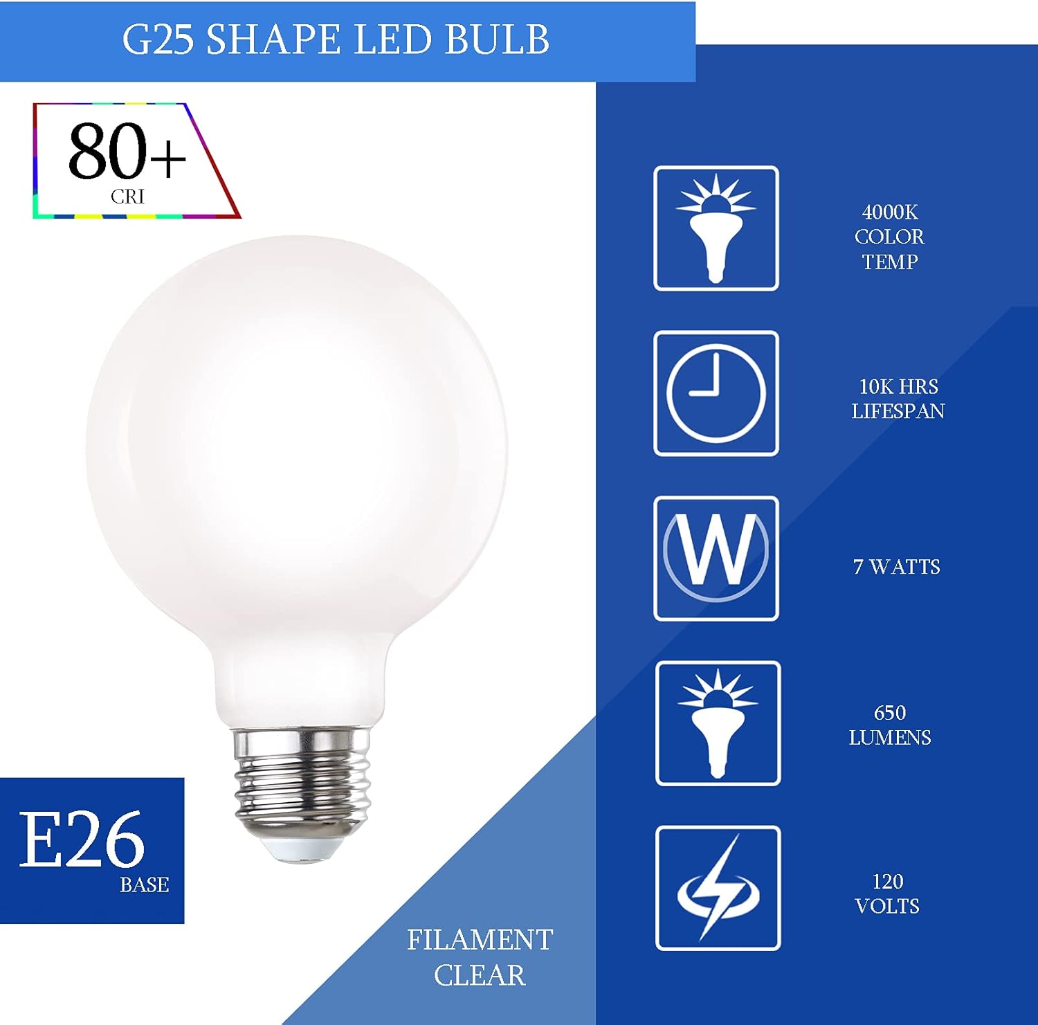 Laborate LED Filament G25 Dimmable Light Bulbs, 7W=60W,4000k, E26 Globe Bulbs, 800 Lumen, Milky Finish 120V Damp, Antique LED Filament Bulb for Home, Bathroom, Hallway, Indoor&Outdoor, 6 Pack
