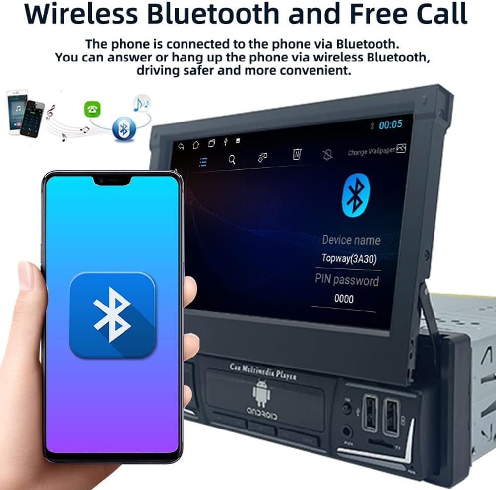 Car stereo screen showing Bluetooth pairing interface with a smartphone icon