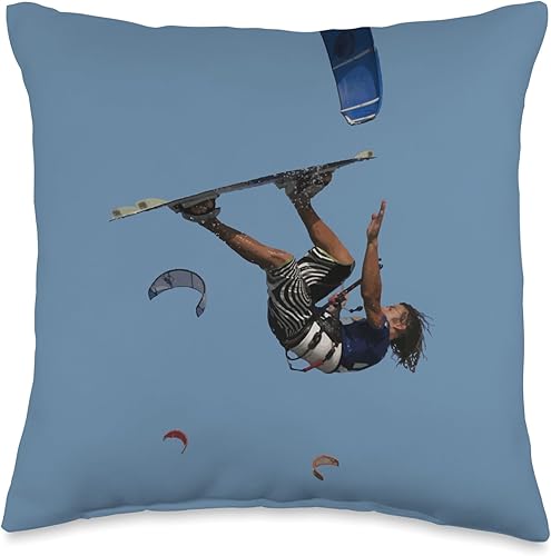 Kitesurf Gifts and Surf Lover Tees by taiche Kitesurfer Somersaulting Color Illustration Throw Pillow, 16x16, Multicolor