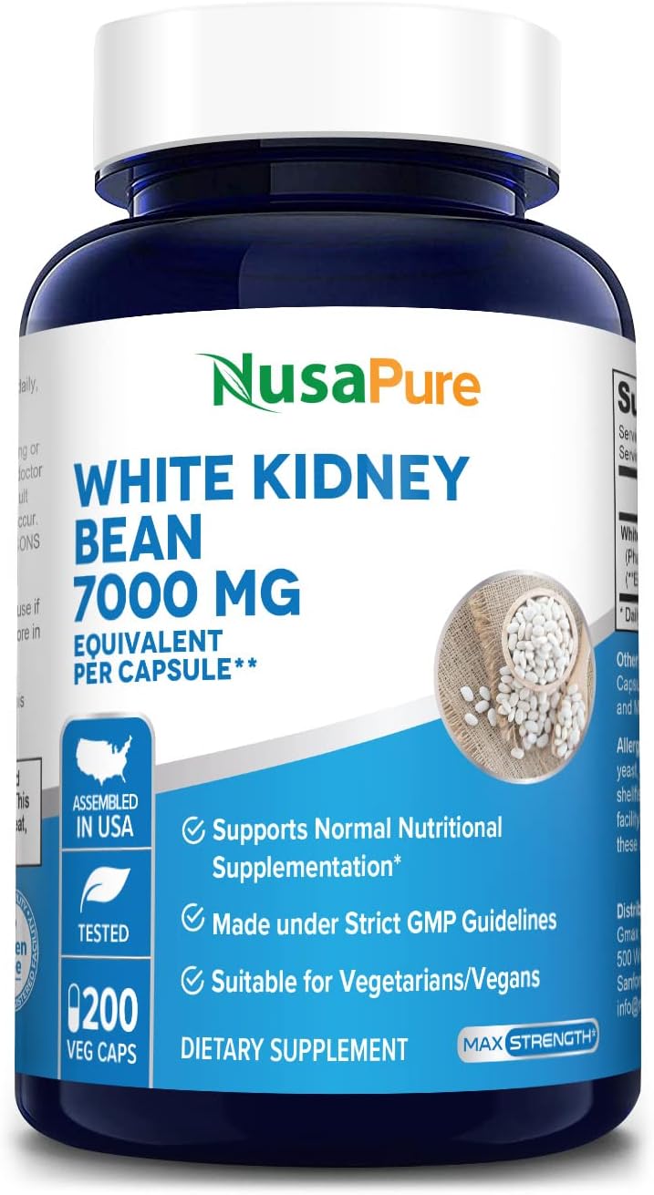 NusaPure White Kidney Beans 7,000 mg per Veggie Capsule | 200 Count | Extract 20:1 | Vegetarian, Gluten-Free and Non-GMO