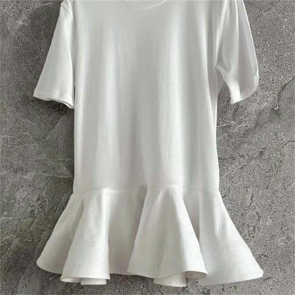 Summer Simple Solid Color Lotus Leaf Wavy Hem Summer Ruffle Round Neck Pullover Cotton Skirt Short-Sleeved Women